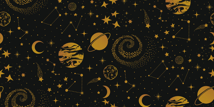 seamless golden celestial pattern: galaxy, stars, jupiter, saturn, constellations, moon