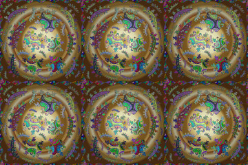 Seamless pattern with interesting doodles on colorfil background. Pano. Raster illustration.