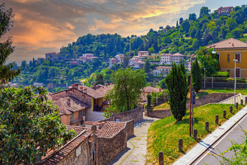 Fototapeta na wymiar Panoramic view over Old Town Citta Alta, Bergamo, Italy