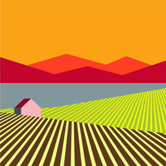 illustration of an landscape with sun village field