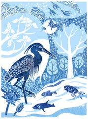 Heron in wetland habitat with fish, stream, trees, flowers, butterflies, stars, geese and plants