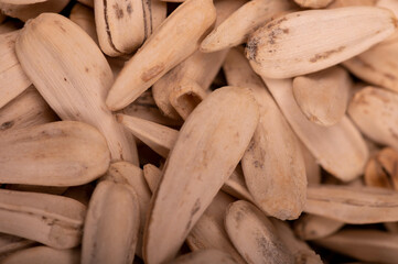 White sunflower seeds scattered on the background of coarse burlap, close-up selective focus.