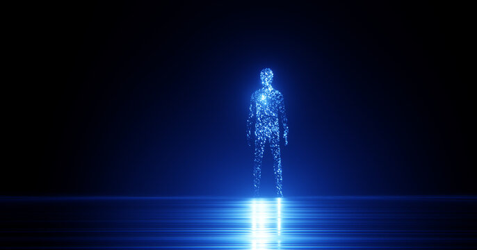 Digital Human Figure In A Dark Space. Virtual Reality Concept