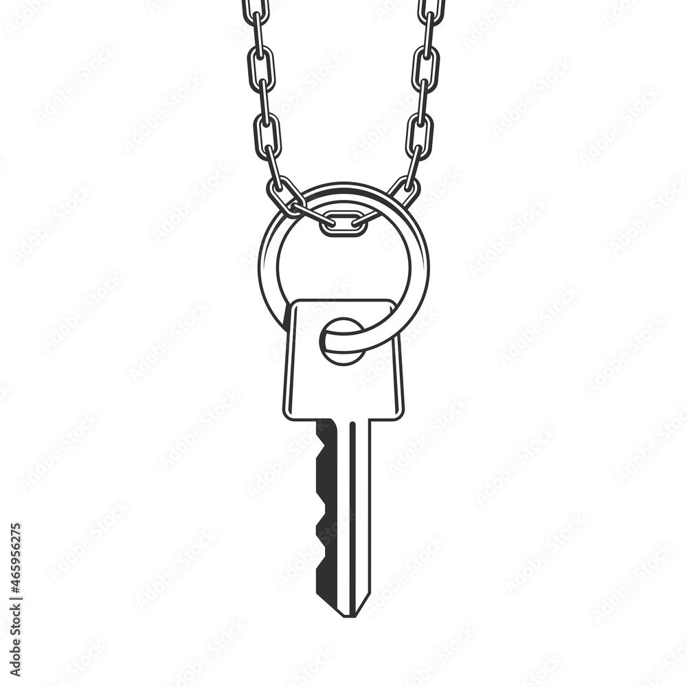 Poster key hanging on ring and chrome chain. door or padlock keys on keyring in flat style isolated on whit