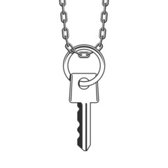 Key hanging on ring and chrome chain. Door or padlock keys on keyring in flat style isolated on white background. Security concept. Vector illustration. EPS 10.
