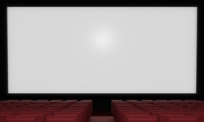 white cinema screen and red seats in the hall.3d rendering.