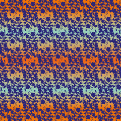 Neon gradient melange texture with houndstooth effect vector pattern background. Abstract orange, indigo, blue backdrop with diagonal wavy lines. Hippie vibe glitch grain marl variegated effect repeat
