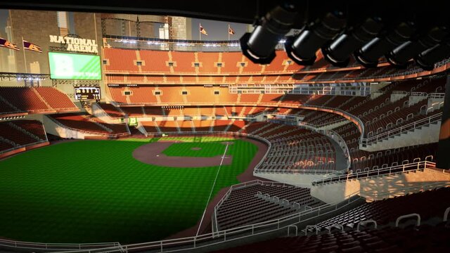 empty baseball and cricket arena in the evening lights. High quality 4k footage