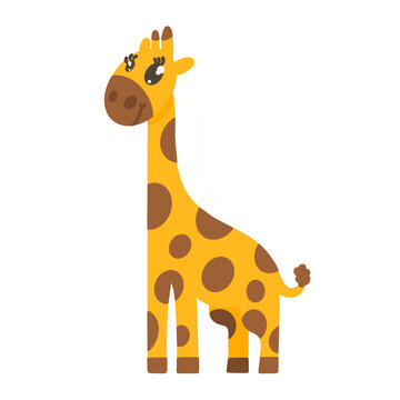 Cute spotted giraffe standing. Image isolated on white background. Vector illustration for printing on clothes fabric office supplies design element for sites menu advertising posters