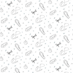 Seamless repeating pattern of items of sports equipment. Black and white doodles on a white.