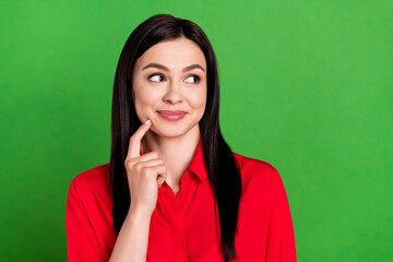 Portrait of attractive cheery minded lady thinking copy empty blank space clue isolated over bright...