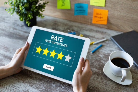 Rate customer experience review. Service and Customer satisfaction. Five Stars rating. Business internet and technology concept.