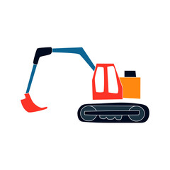 Excavator Dipper Backhoe Flat Vector Illustration. Cartoon Image. Isolated on White.