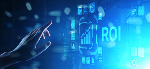 ROI Return on investment reading revenue business concept on virtual screen.