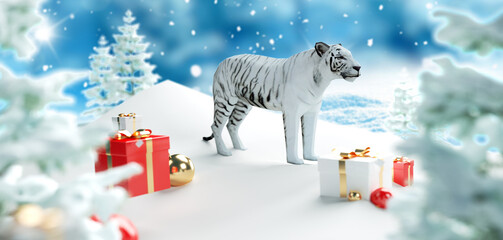 2022 background, 2022 tiger, 3d render, balls, baubles, bow, box, celebration, christmas, christmas background, christmas tree, composition, december, decor, decoration, design, festive, festivity, fr