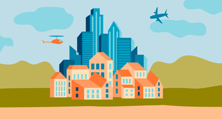 Urban landscape with high skyscrapers. Vector illustration.