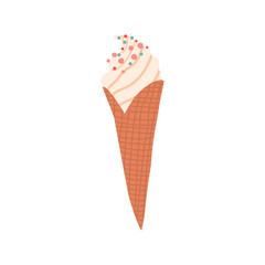 Ice cream in waffle cone. Hand drawn cartoon vector illustration. Isolated on white.