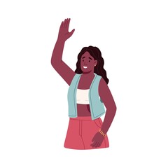 Happy woman greeting smb with hi gesture, waving with hand. Smiling friendly black person saying hello and welcoming with arm up. Flat vector illustration isolated on white background © Paper Trident