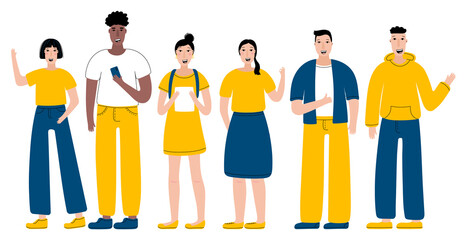 Set of smiling teenagers or students. Trendy vector illustation of happy multiracial young peoplein flat style.
