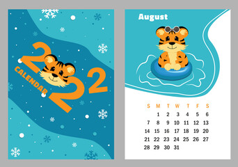  Vector vertical calendar 2022 with symbol of the year tiger. Cute funny character little tiger. Week starts on Sunday. A set of page August and cover in size A3, A4, A5. Colorful design. EPS10.