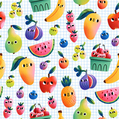 Super fresh exotic fruits cartoon characters on a check background, seamless pattern illustration