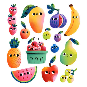 Super fresh exotic fruits illustration, cartoon characters collection