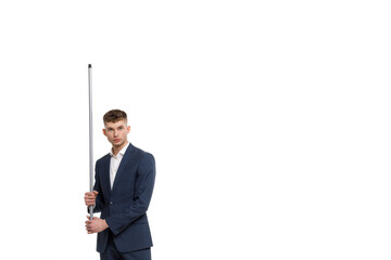 Young businessman is showing the word. Your text here