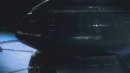Spaceships flying by a very big space station. Sci-fi cinematic shot.