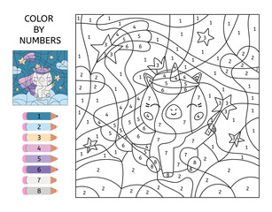Educational game color by numbers. Cute cartoon unicorn with magic wand, clouds and stars. Princess little pony. Black and white coloring page. Learn numbers and colors. Printable worksheet.