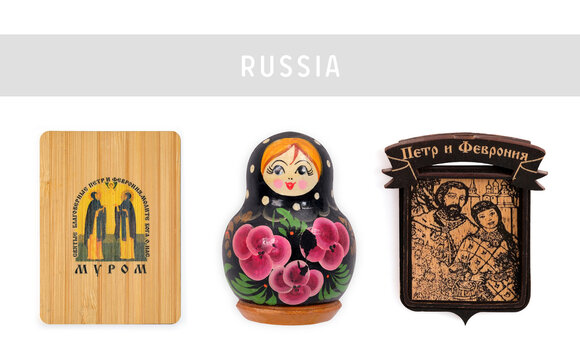 Magnetic souvenirs from Russia. The inscription means city name Murom and Saints Peter and Fevronia, pray to God for us