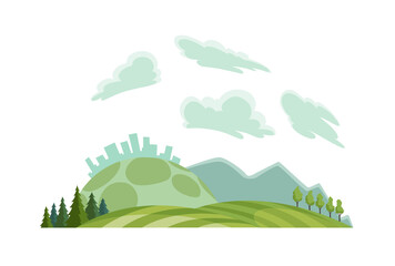 Obraz premium Clean nature landscape. Environment panorama with blue sky. Ecological change of the future. City skyline on background