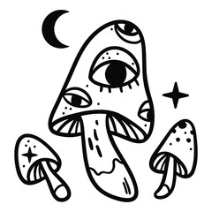 Mystical mushrooms isolated clipart, magic line celestial mushrooms, moon and stars. Black and white vector illustration.