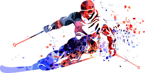Vector watercolor silhouette of a skier - obrazy, fototapety, plakaty
