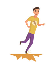Falling man. Falling down people because of slipping, accident. Young men dangerous accident. Slippery, danger, risk. Bad luck, misfortune, fiasco. Business failure, company crash concept