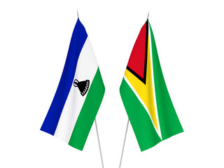 National fabric flags of Lesotho and Co-operative Republic of Guyana isolated on white background. 3d rendering illustration.