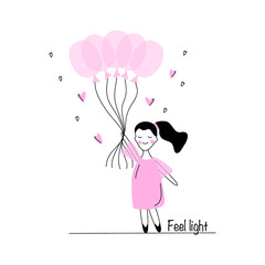 Cute little girl with balloons. Pink colour. Vector illustration.