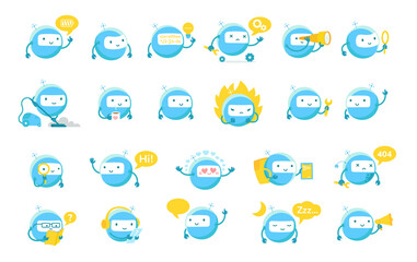 Little blue round robot mascot character big set. Cute Robot emoji. Cartoon vector illustrations. Artificial Intelligence. - obrazy, fototapety, plakaty