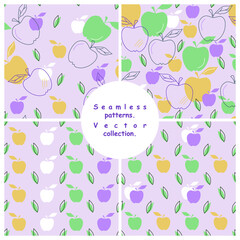 Seamless patterns with apples and leaves.Vector collection.