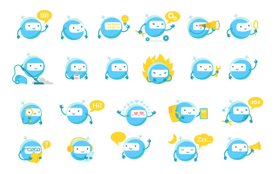 Naklejka Little blue round robot mascot character big set. Cute Robot emoji. Cartoon vector illustrations. Artificial Intelligence.