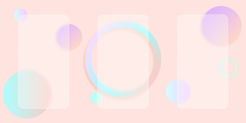 Template social media concept, glass interfaces for mobile applications. Smartphone transpsrent screen on the background of colorful balls. Realistic 3D model. Abstract App mockup. Glass morphism.