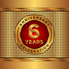 6 years anniversary, anniversary celebration vector design with gold color on golden texture background, simple and luxury design. logo vector template