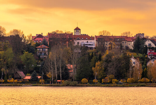 Autumn sunset landscape over the Narew River
