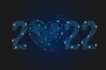 Abstract isolated blue image of new year number 2022 with heart. Polygonal low poly wireframe illustration looks like stars in the blask night sky in spase or flying glass shards. © Katsiaryna