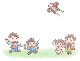 冬の原っぱで凧揚げをする親子四人のイラスト水彩風