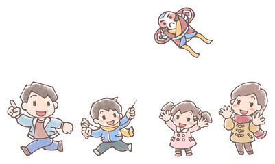 凧揚げをする親子四人のイラストセット水彩風