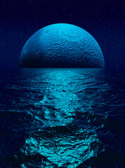 blue moon realistic reflection in water sea ocean fantastic landscape, 3d render