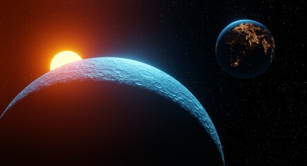 Obraz na płótnie Canvas space close-up of the moon craters realistically further the planet earth the cities of Europe and Asia glow in the background the sun illuminates, 3d render, the earth and the moon