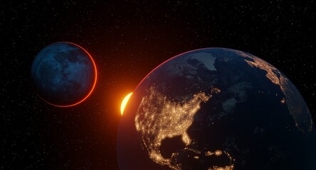 space planet earth cities are glowing america, usa, canada, moon in the background the sun illuminates the edge of the planets, 3d render, earth and moon cosmically view