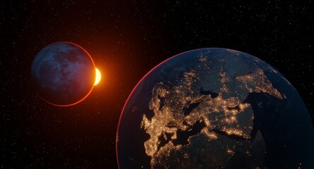 cosmos planet earth the cities of Europe and Asia are glowing the moon in the background the sun illuminates the edge of the planets, 3d render, the earth and the moon are cosmically visible