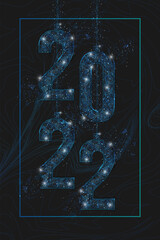 Abstract isolated blue image of new year number 2022. Polygonal low poly wireframe illustration looks like stars in the blask night sky in spase or flying glass shards. Digital web, internet design. © Katsiaryna